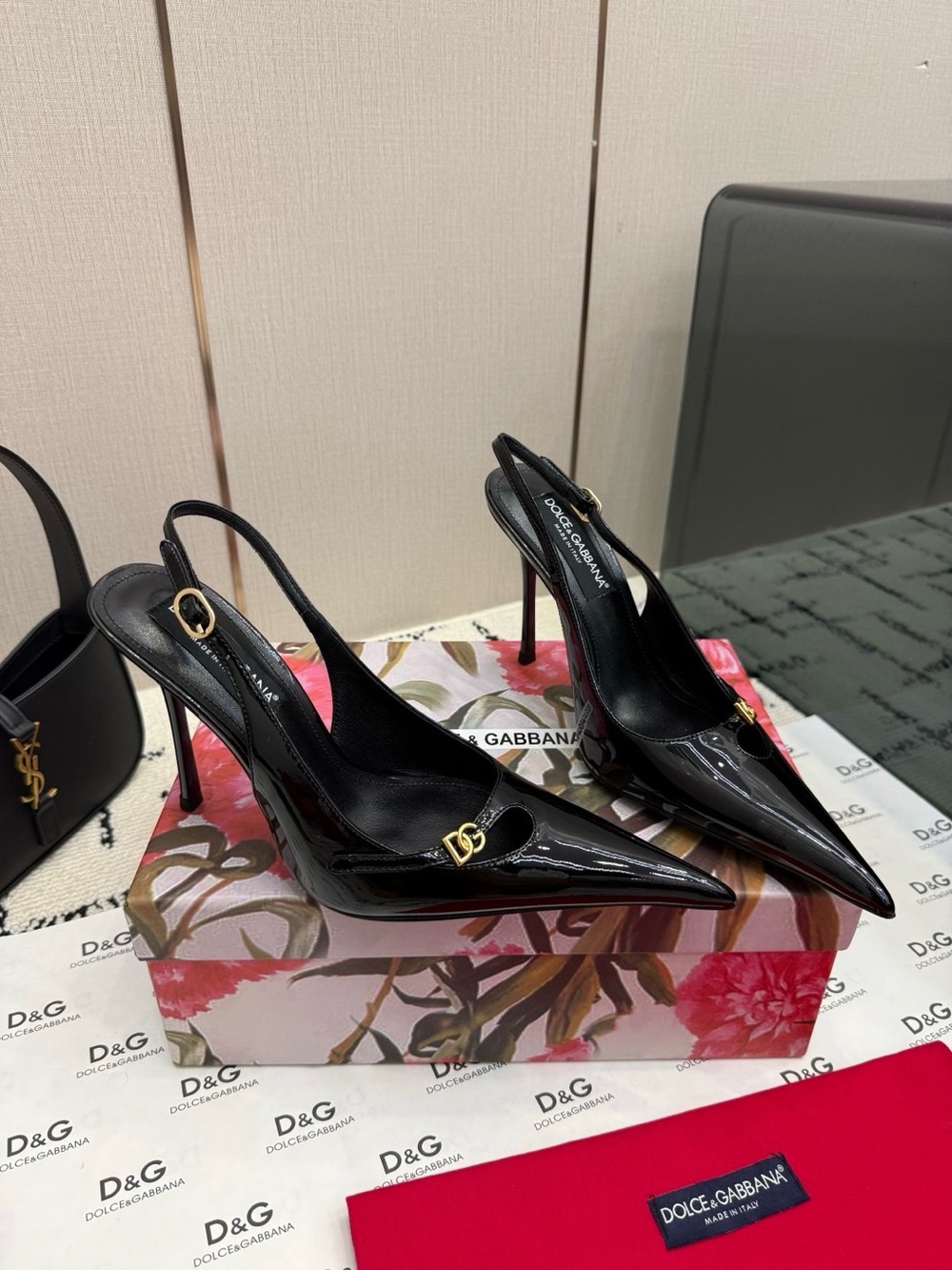 Dolce & Gabbana Black Patent Leather Pointed Slingback Pumps with Gold DS Accent
